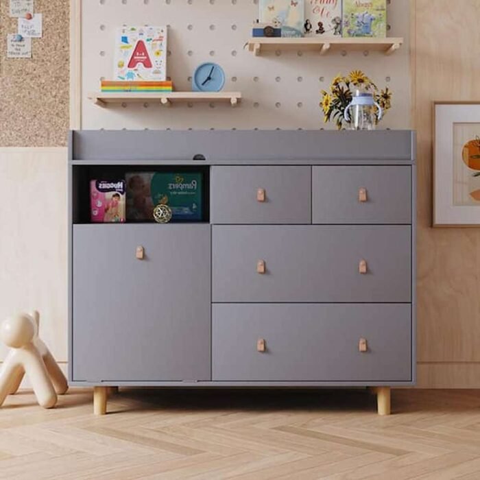 Gray 5-Drawer 32.3 in. Wide Kids Dresser with Diaper Changing Table, Storage Cabinet for Baby Safety, Drawers and Shelf