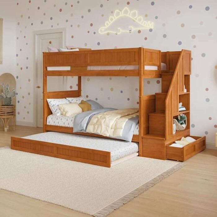 Dover Light Toffee Natural Bronze Solid Wood Frame Twin Over Twin Staircase Bunk Bed with Storage Drawer, Twin Trundle